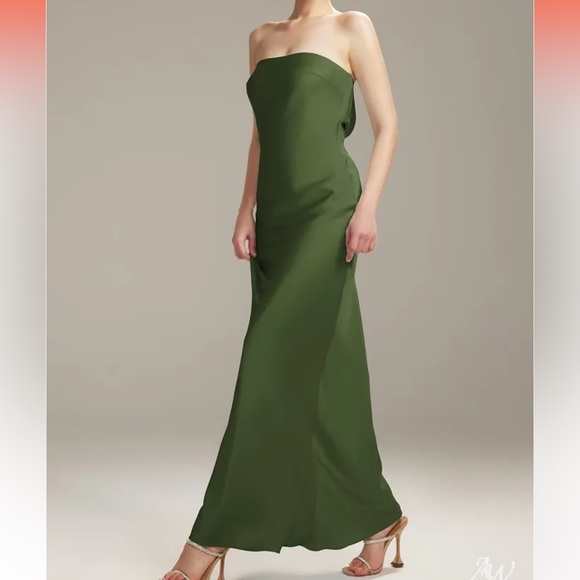 AW Fogbow Olive Green Strapless Satin Dress - Picture 2 of 6